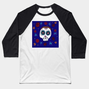 Sugar Skull and Roses blue background Baseball T-Shirt